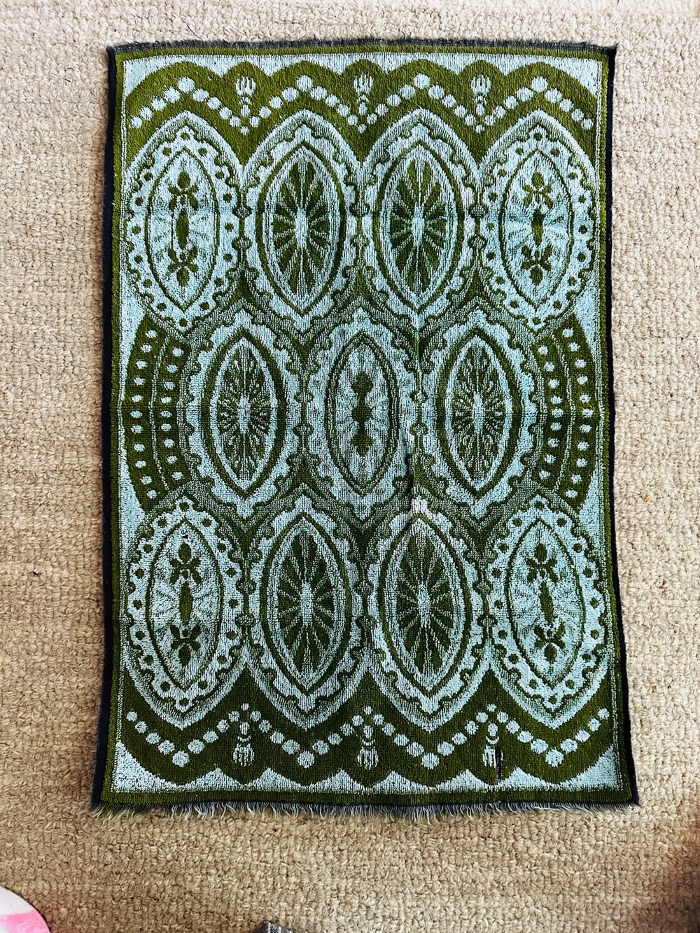Vintage Martex Ornate Olive Green Turquoise Decorative Hand Towel